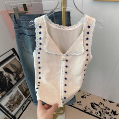 Xiaoxiangfeng V ネック刺繍ツーウェアノースリーブレースショートトップ女性のための 2025 夏スリムデザインユニークなベスト
