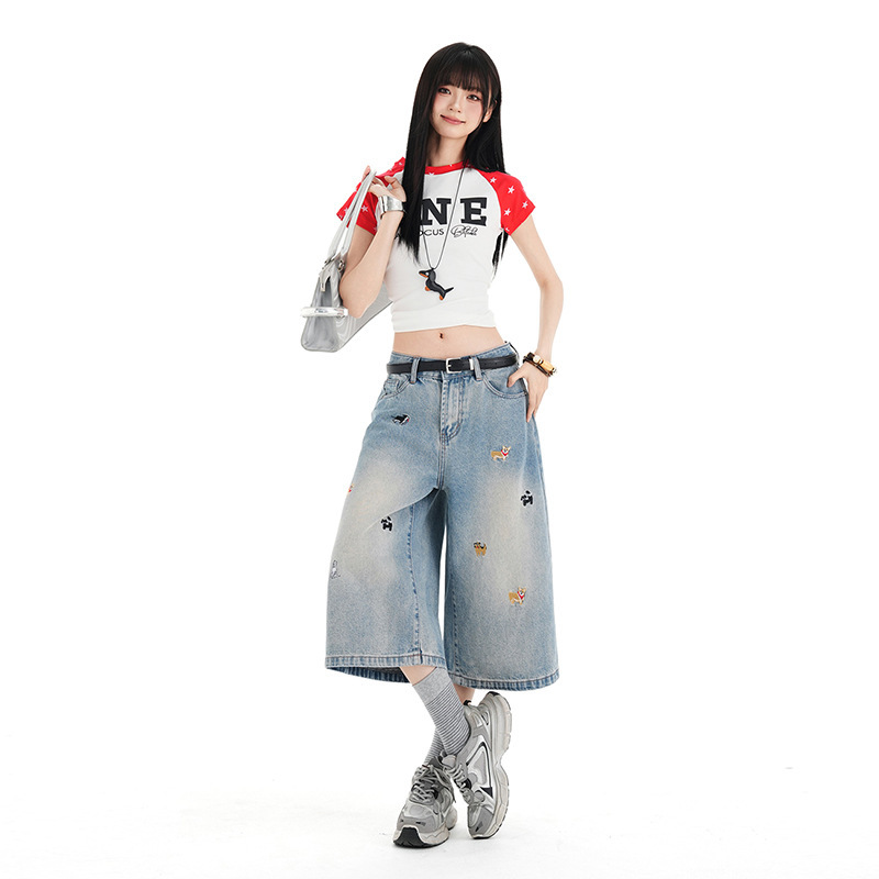 Puppy Embroidery Wide-Leg Cropped Jeans for Women, Low-Waist Loose Straight-Leg Thin Denim Pants