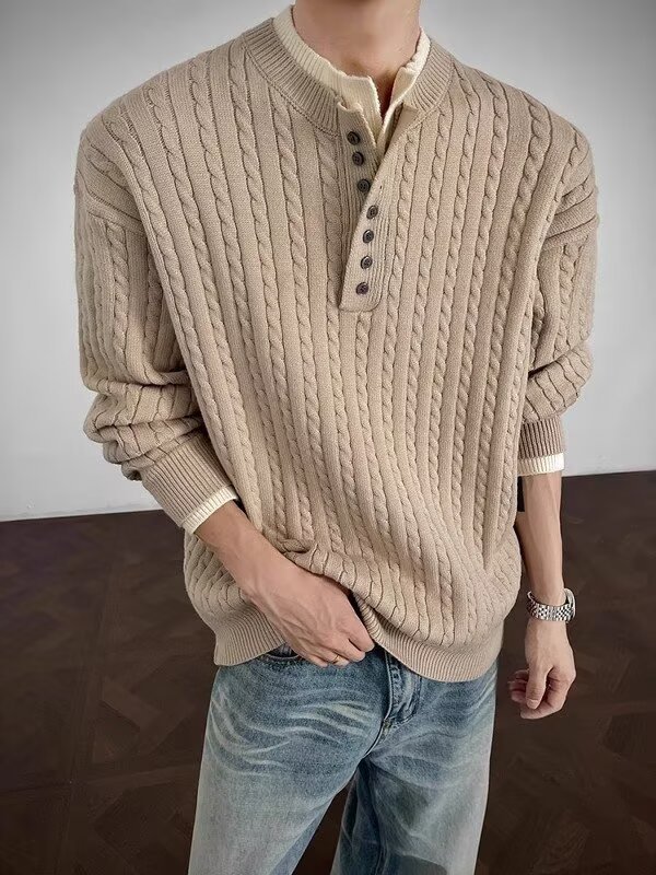 ​​Men's Slim Fit Color Block Henley Sweater – Double Layer Knit Long Sleeve (Black/Grey/Khaki, M-XXL)​​_viptrois.com