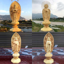 桧木雕刻大像摆件 实木根雕东西方三圣 释迦牟尼南海观音地藏王