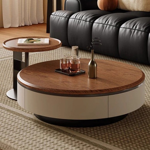Medieval Style Walnut Color Round Solid Wood Multi-Layer Board Coffee Table Modern Simple Light Luxury Living Room Home New Style