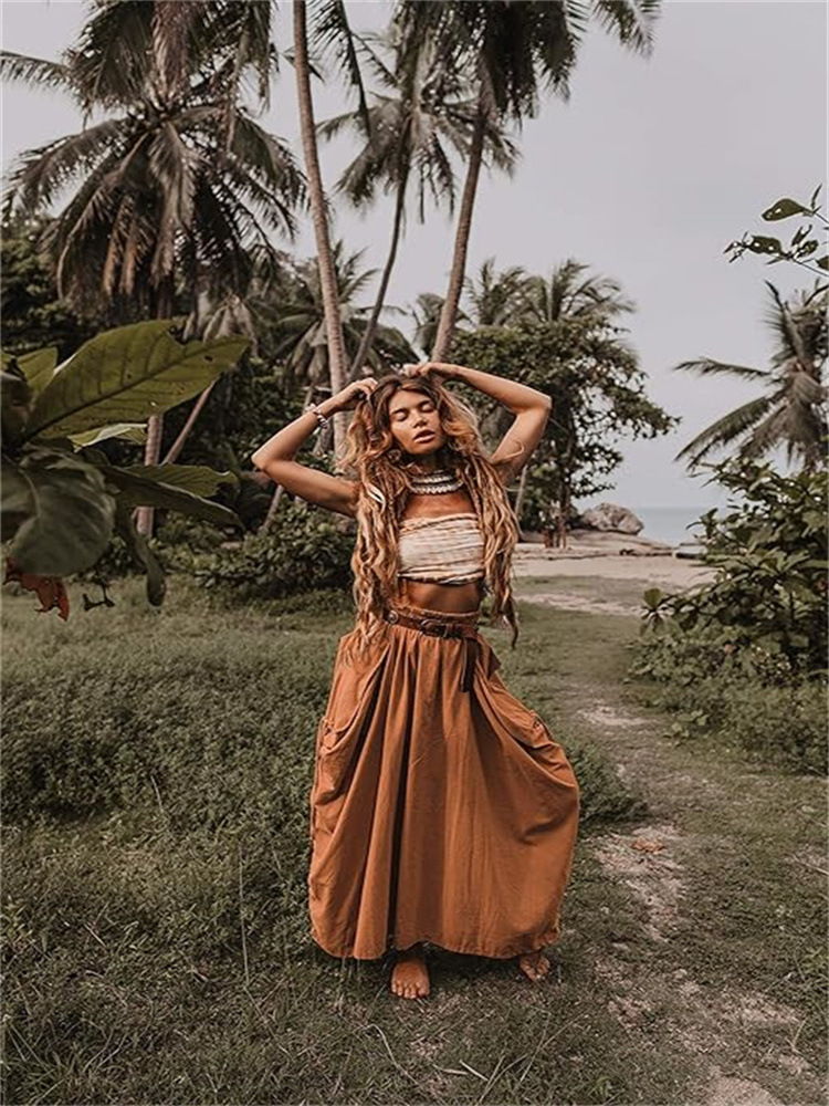 European American Women's Casual 2024 New Style, Bohemian Loose-fitting Versatile Long Skirt With Drawstring And Large_voghion.com