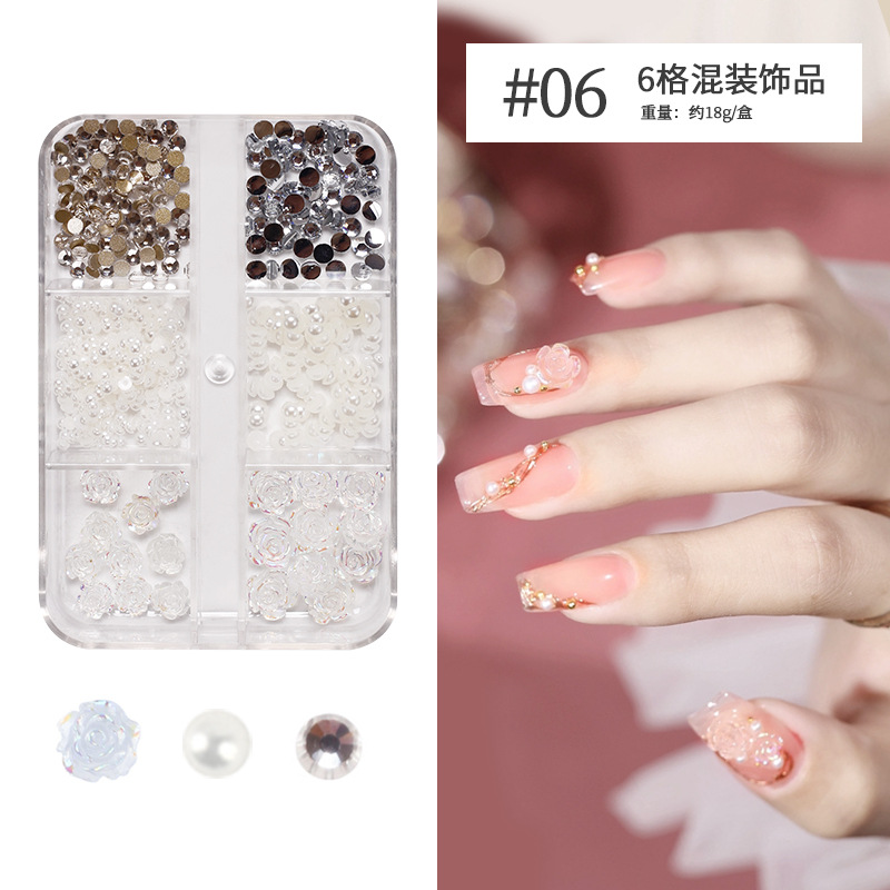 Joyería de uñas Aurora arco perla remache pequeños accesorios Super Flash pequeño diamante 12 rejilla mixta decoración de uñas al por mayor