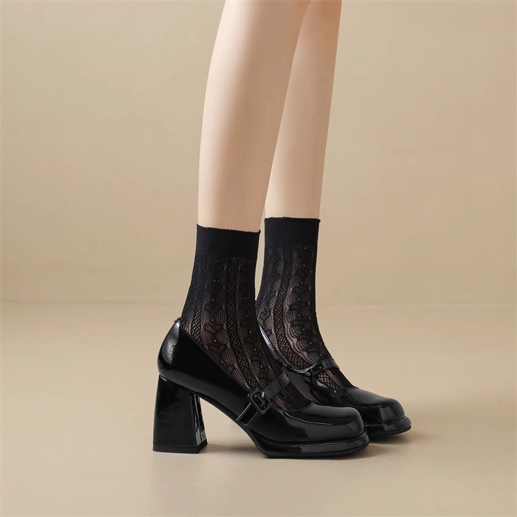 Wunderschöne, klassische schwarze Mary Jane-Schuhe zum Selbstbinden mit einem Riemen und rundem Kopf, eleganter High Heel, kleine Öffnung, flache Öffnung, neu_voghion.com