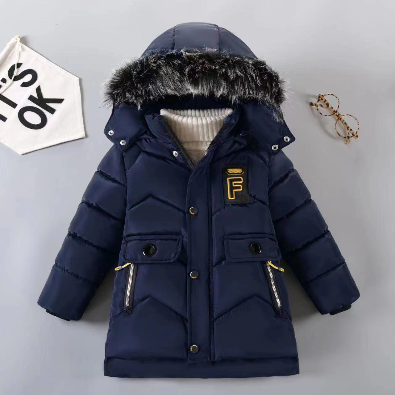 Children's winter 2024 new cotton coat, middle and long length, suitable for small and medium children, Korean style, thickened and furred, with large fur collar.