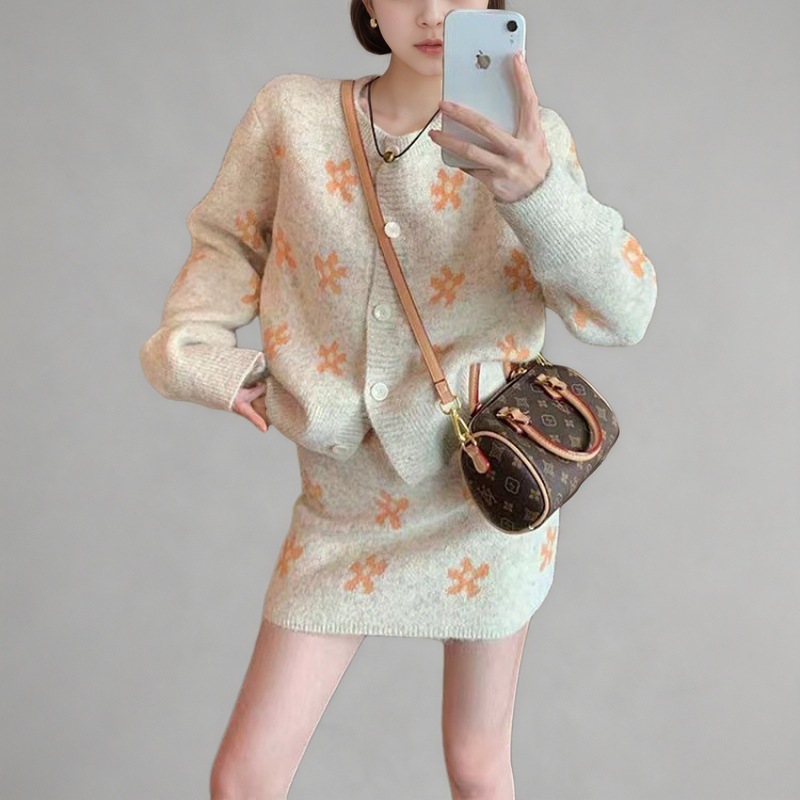CEIIS外贸冬款针织开衫新款圆领套头上衣半身短裙两件套装毛衣女|undefined