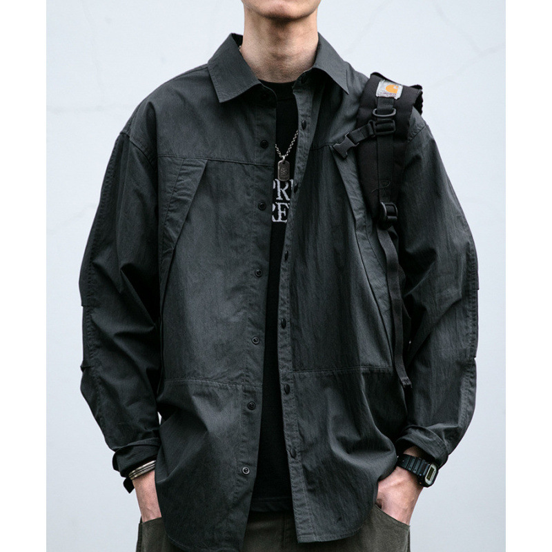 Japanese Retro Washed Vintage Workwear Shirt for Men, Spring and Autumn Loose Fit, Three-Dimensional Patchwork Casual Functional Long-Sleeve Shirt Trendy