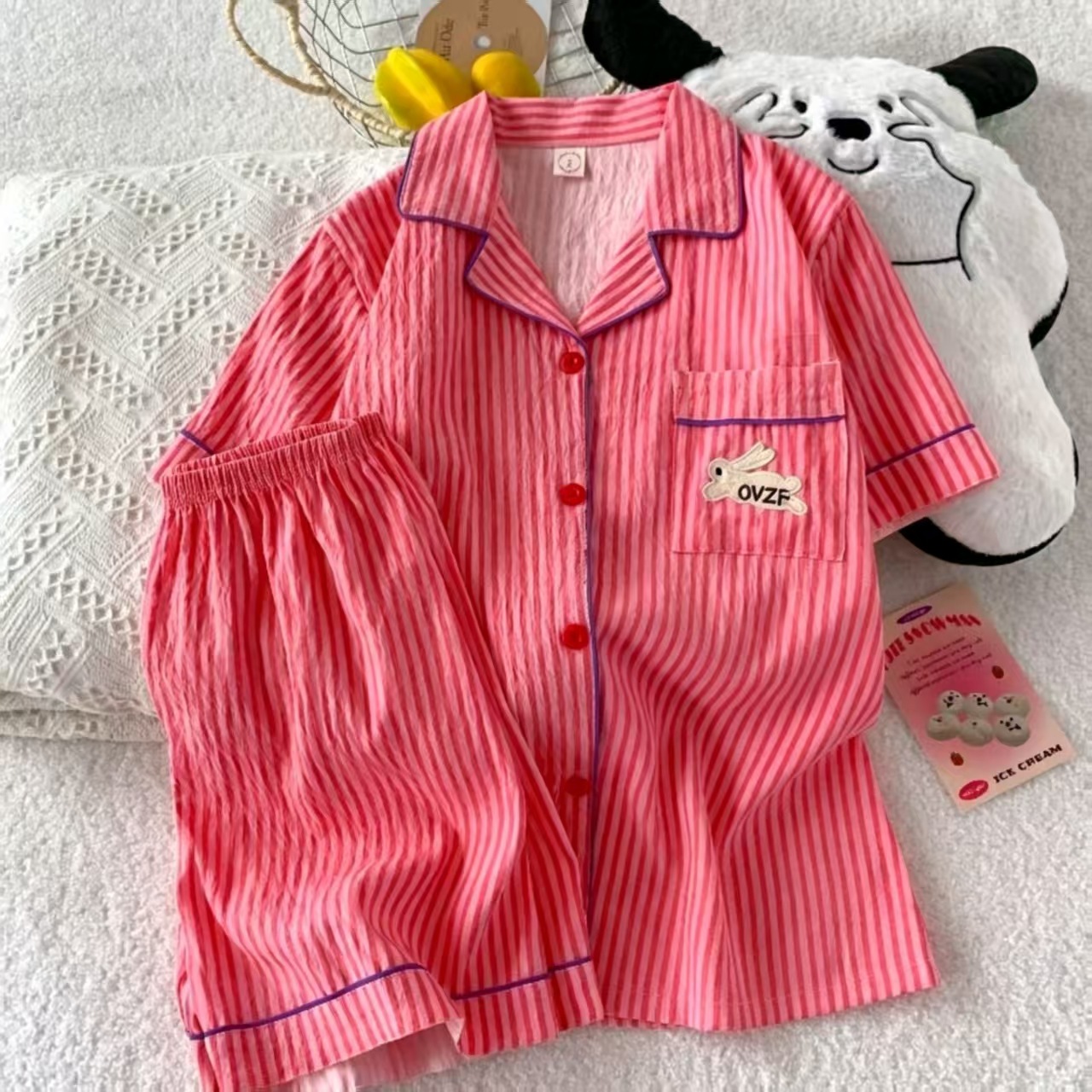 Verano nuevo pijama de algodón nube mujer dibujos animados bordados pantalones cortos de manga corta dos piezas pareja de estudiantes ropa de hogar grande