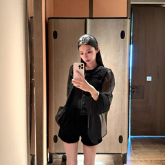复古温柔 千金小香风黑色拼接设计感网纱喇叭袖短上衣外套女秋季