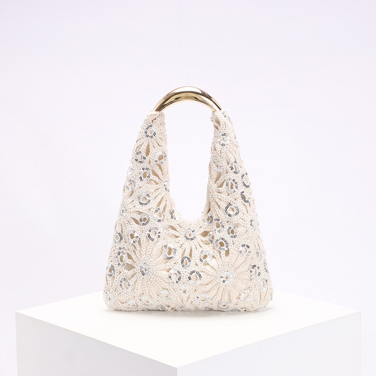 Cross-Border Women's New Sequin Hollow Crochet Bag Flower Pattern Vacation Style Crescent Handbag - Thumbnail 6