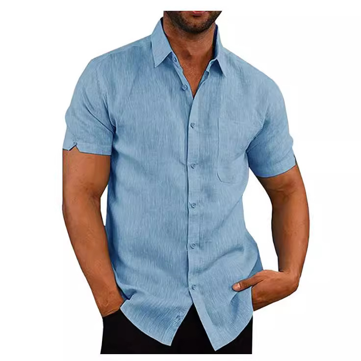 2019 Amazon eBay Hot Hot Sale Summer Collar Solid Color Short Sleeve Buttons Hombre Camisa de lino Hombre