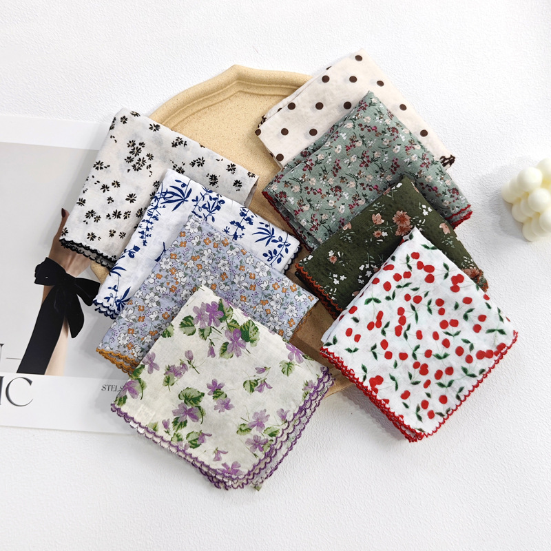 Artistic Retro Small Floral Soft Cotton 53 Small Square Thin Neck Protection Scarf Women's All-match Decorative Korean Style Scarf