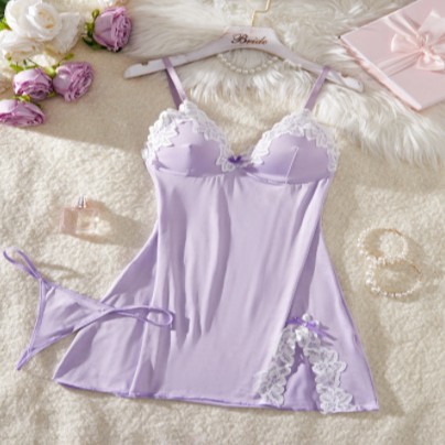 유럽과 미국의 섹시한 속옷 푸시 업 섹시 딥 V 보우 사이드 스플릿 슬림 핏 슬링 나이트 가운 세트 헤어 뉴 스타일