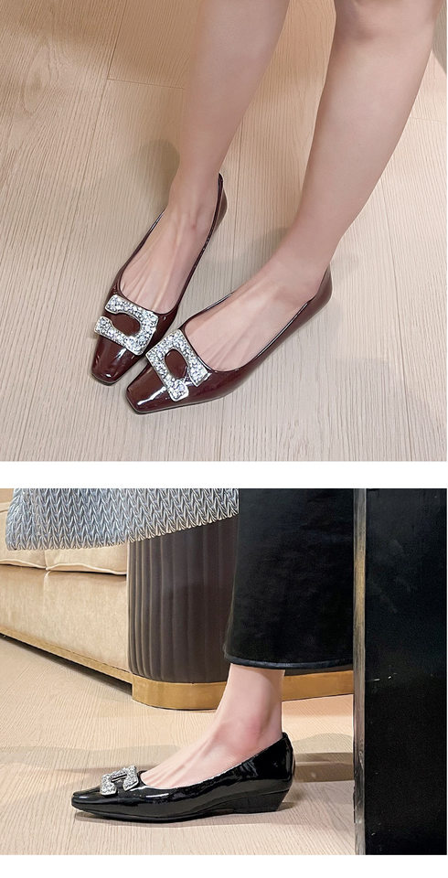 Giày bệt nữ mũi vuông gót dày 3–6 cm, mặt da bóng mềm, khóa pha lê điểm nhấn — Bạc (đơn hàng bổ sung lớn), Bạc A, Màu đỏ rượu, Vàng cổ chi tiết 7