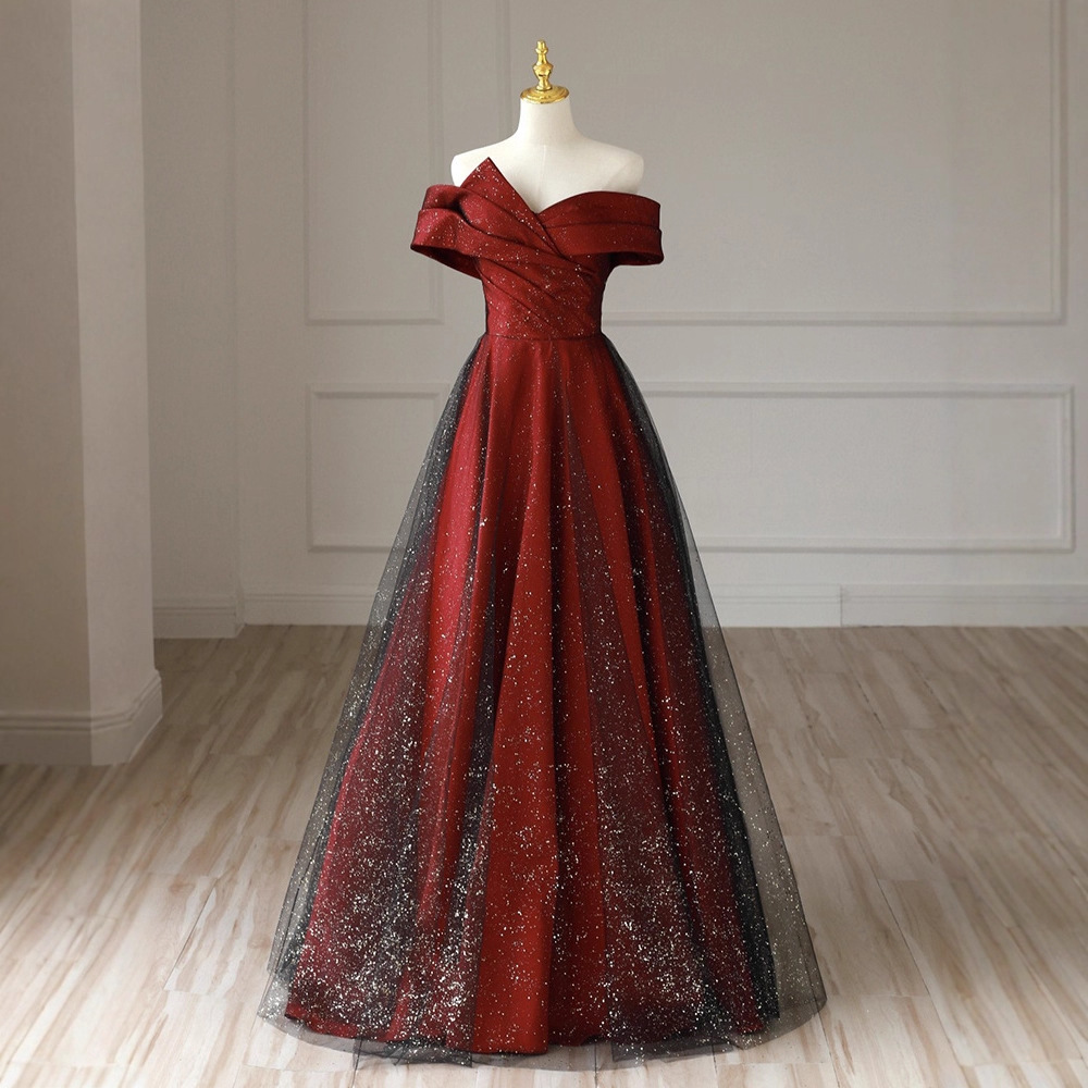 High-End Banquet Dress, Burgundy Black Gauze Glossy Tutu Skirt, Student Art Exam Stage Host Elegant Long Skirt