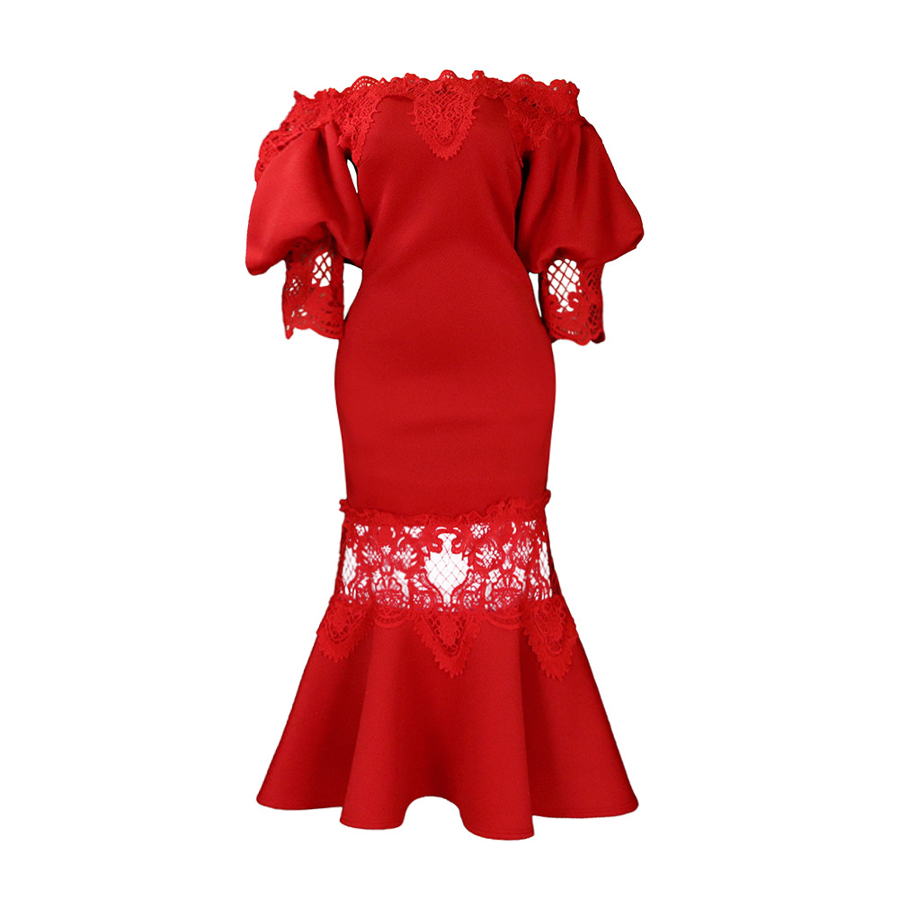 Estación independiente de las mujeres fuera de cuello puff manga encaje costura banquete vestido de cola de pescado Falda larga vestido de comercio exterior transfronterizo image 9