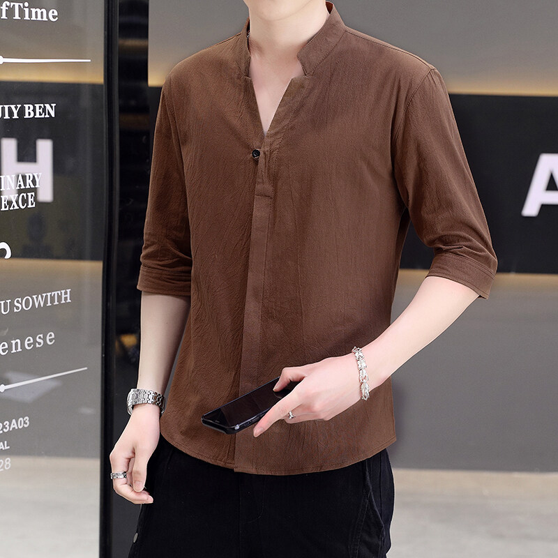 Men's Cotton Linen Shirt Short Sleeve 2025 New Style Thin Seven-Sleeve Shirt Summer Linen Casual Youth Men's Wear