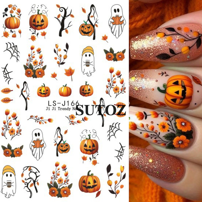 2025 Cross-Border Hot Halloween Nail Art Stickers Ins Cartoon Cute Halloween Pumpkin Ghost Spider Web Nail Stickers