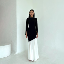 亚马逊wish热销秋冬新款时尚拼色长裙圆领性感气质修身长袖连衣裙