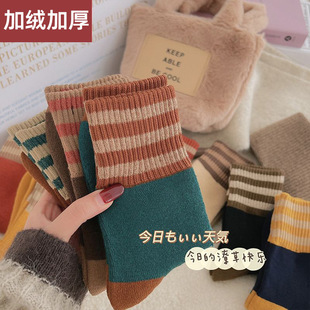 Autumn and winter color matching simple women's socks new fleece-lined warm socks ins trendy Hong Kong style all-match retro Terry stockings