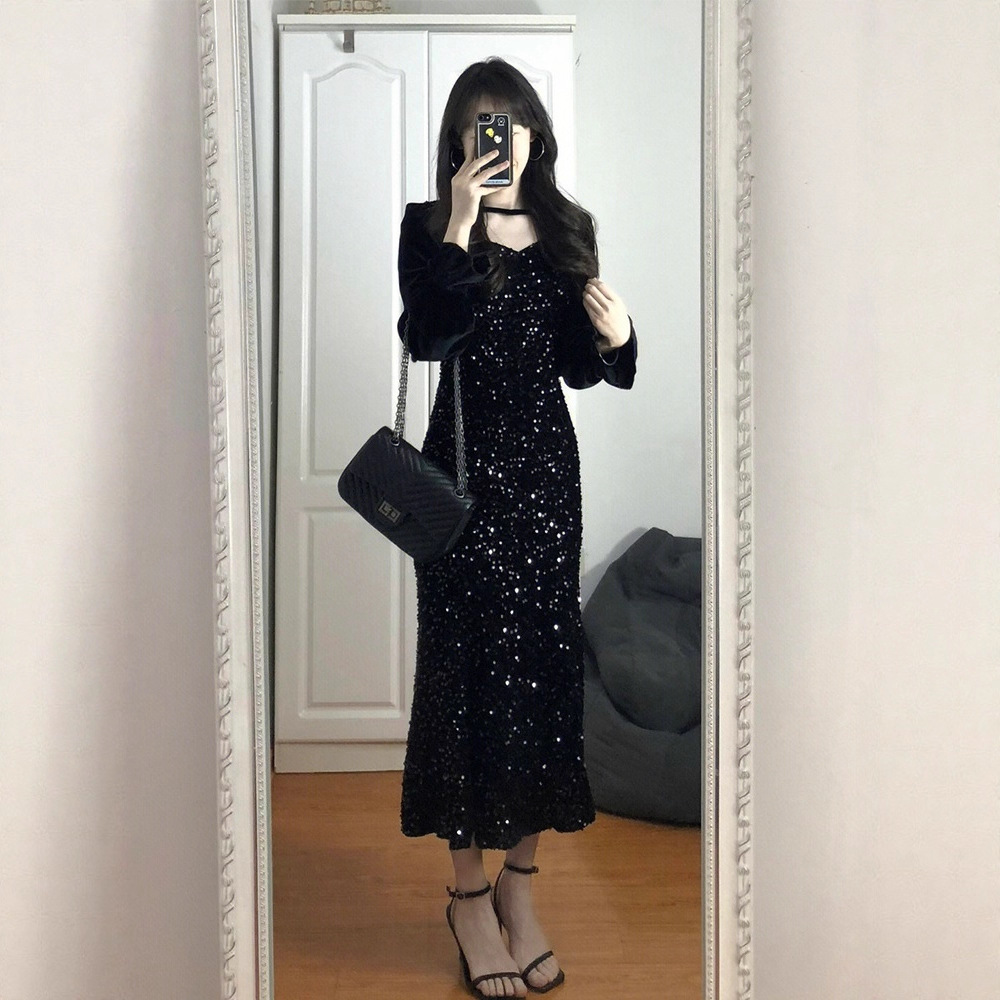 Plus Size French Black Sequined Velvet Fishtail Dress for Women in Autumn and Winter, High-End, Accessible Luxury, Birthday Dress