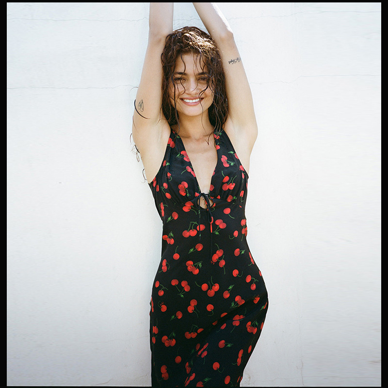 Spot 699 Silk Deep V Neck Low-Cut Dress Sleeveless Waist Cherry Print French Resort Style Feminine