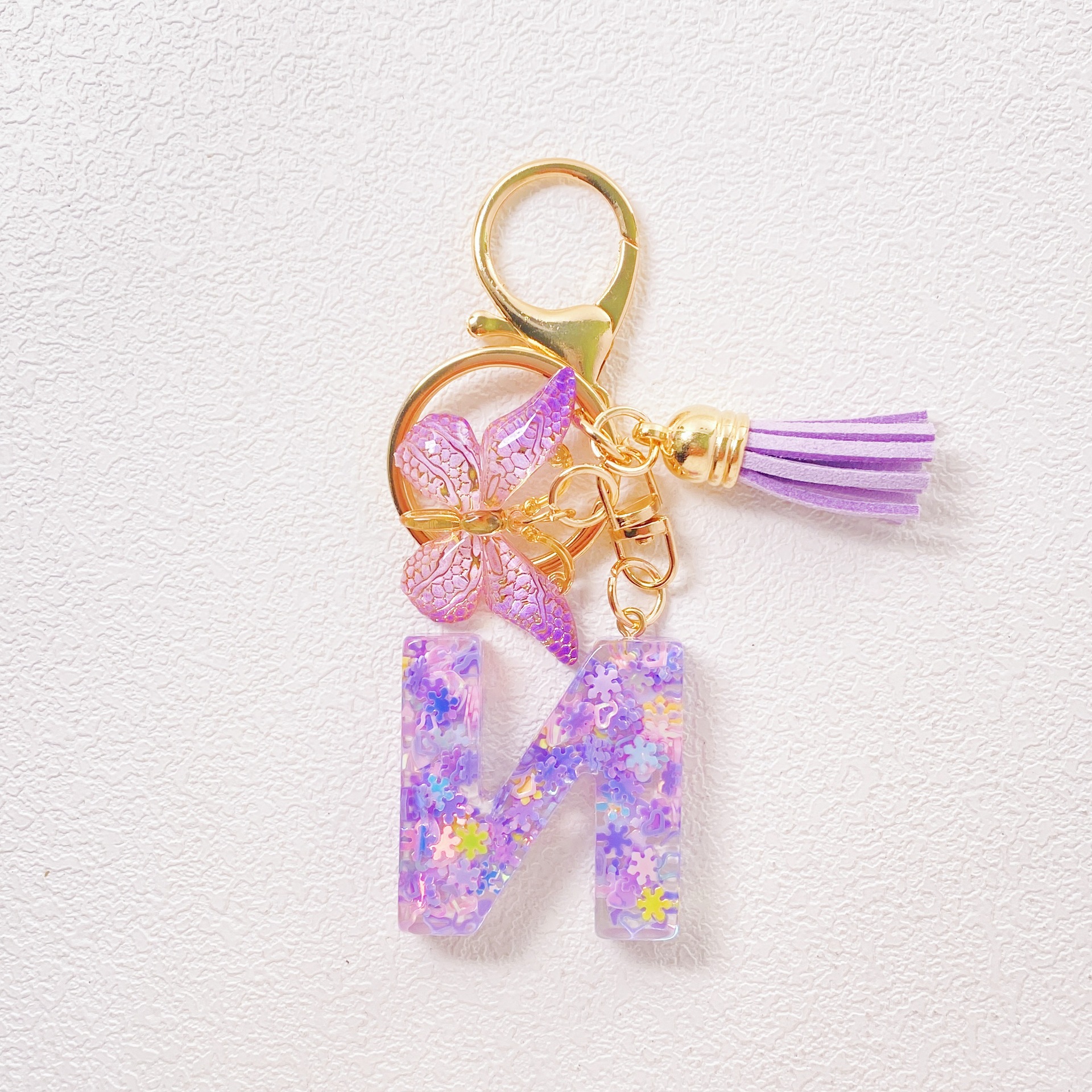 20g Weight Sequins Inlay Material Keychain Classification Daily Occasion Epoxy Material Letter, Butterfly Pattern Women's Gender Sweet Style Purple Color Letter Butterfly Keychain Epoxy Sequins Women's Sweet Keychain 15