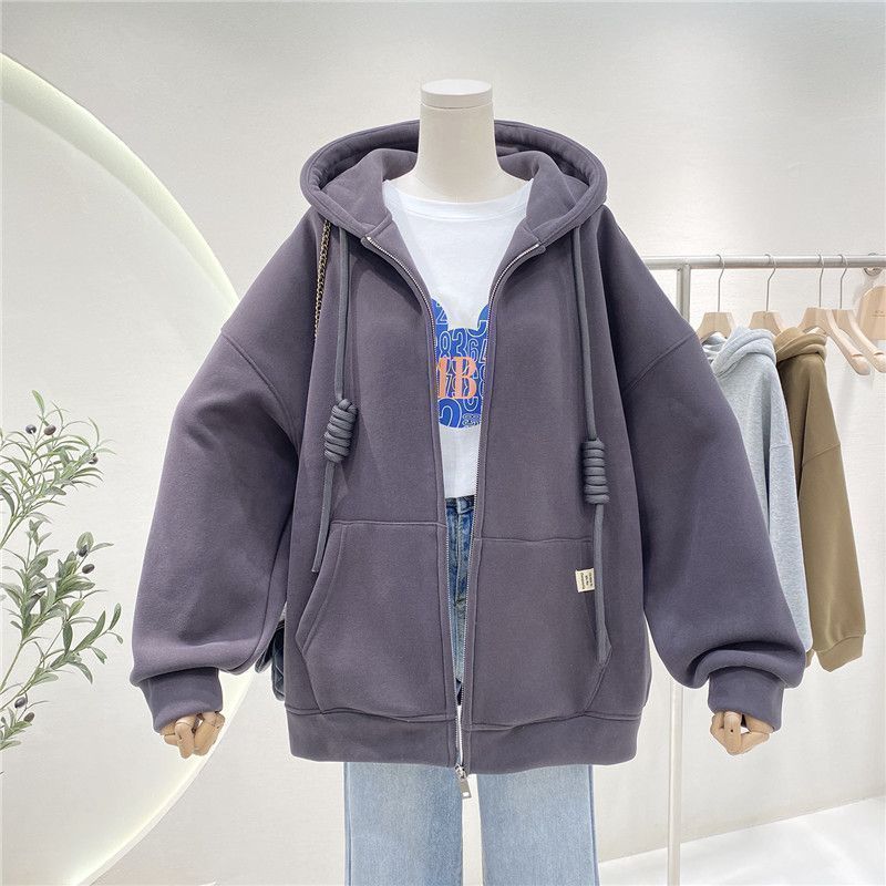 加绒开衫卫衣连帽外套女秋冬韩版慵懒风宽松拉链休闲加厚保暖上衣|undefined
