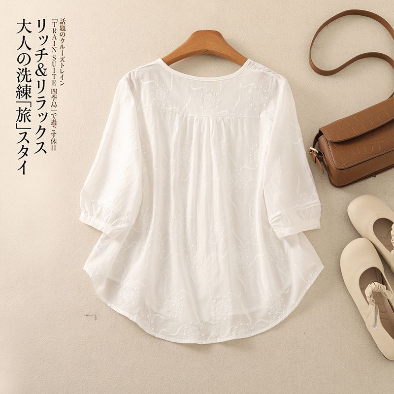 綿刺繍夏の新しいデザイン文学ラウンドネックルーズシャツ薄い白七分袖シャツ女性用|undefined