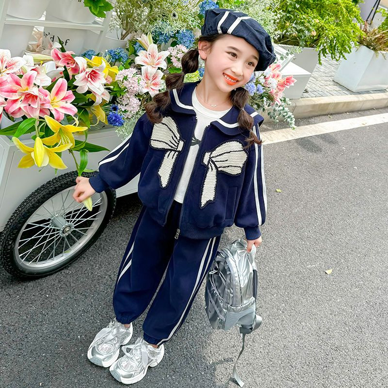 Traje casual de lazo de estilo azul marino para niñas 2024 otoño nuevo estilo para niños chaqueta de bebé de primavera y otoño coreana de dos piezas
