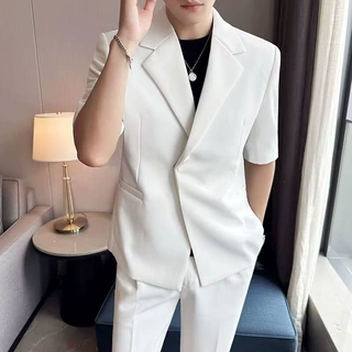 2026高级感免烫白色西装男装外套休闲半袖小西服夏季男式休闲西装