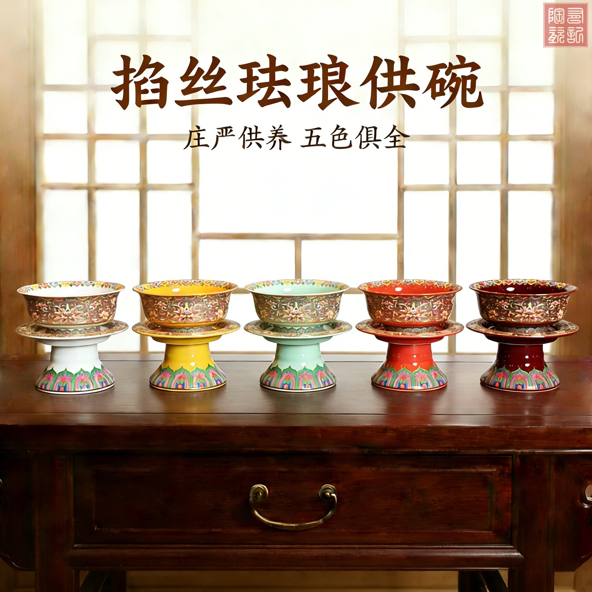 掐丝珐琅供碗高脚莲花陶瓷供碗供斋碗佛具斋天碗工厂批发斋供礼佛