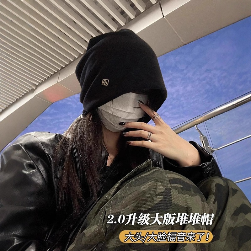 金属字母小标黑色堆堆帽女秋冬百搭大头围冷帽显脸小套头包头帽子|undefined