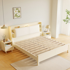 Creamy Style Solid Wood Bed, White, Simple Modern, 1.5m, Household, Master Bedroom, 1.8m, Single and Double with Lamp and Storage, Wedding Bed
