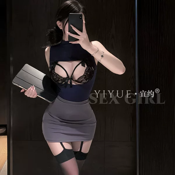 Yiyue Sexy Lingerie Sexy Secretary Ol Hip-Hugging Skirt Cut Out Lace Temptation Nightclub Uniform Pajamas Set 1500