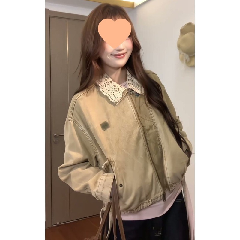 美式复古卡其色钩花镂空翻领外套女秋季设计感宽松休闲短款夹克潮|undefined