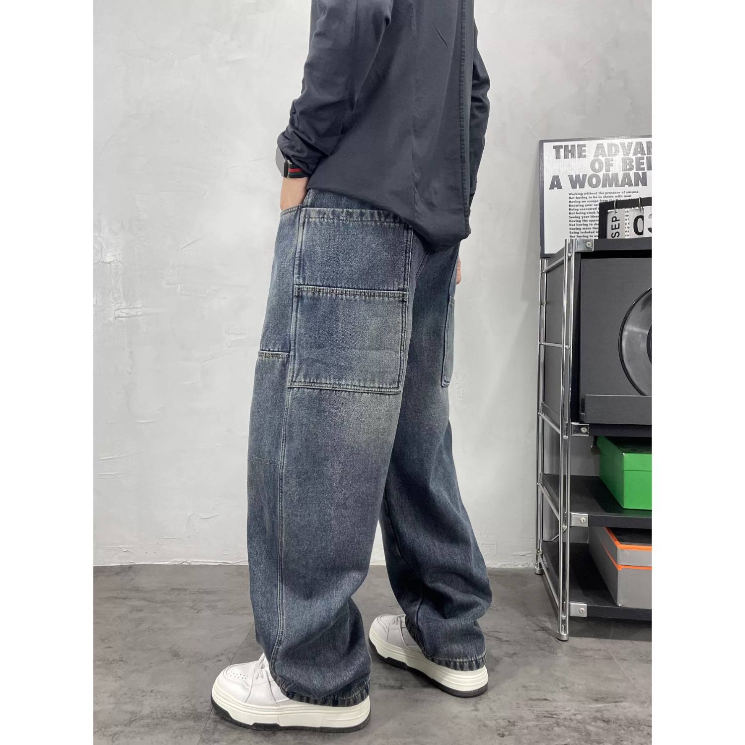 Men's High-Waisted Color-Block Jeans Blue & Black Loose Wide-Leg Straight Pants Hip Hop Style European American Trendy Brand_mkmklike.com