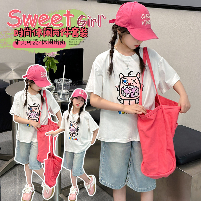 Girls' Outfit 2026 Summer New Fashion Cartoon Short-Sleeved T-Shirt Casual Jeans Cute Versatile Two-Piece Set