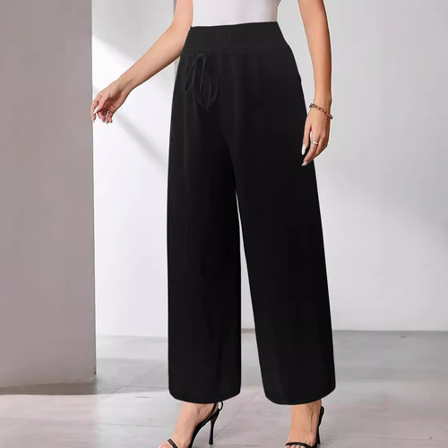 European and American women's clothing new casual fashion solid color drawstring wide leg pocket pants loose women's pants