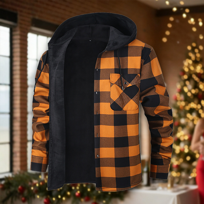Cross-Border Popular Hooded Plaid Long-Sleeved Men's Fleece-Lined Shirt, Men's Casual Plus-Size Men's Clothing, Flannel Warm Shirt