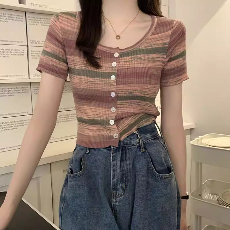 Vintage Striped Knit Short-Sleeve Women's Summer American-Style T-Shirt, Ice Silk Thin Cardigan, Spicy Girl Style Short Top