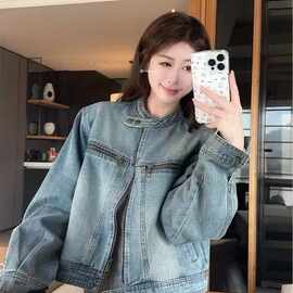 复古立领短款牛仔外套女春秋2026新款小个子百搭盐系机车夹克上衣