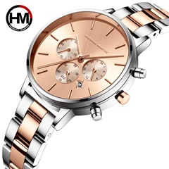 Hannah Martin Multi-functional Timing Calendar Watch with Butterfly Double-Press Clasp Waterproof Women's Gold Watch