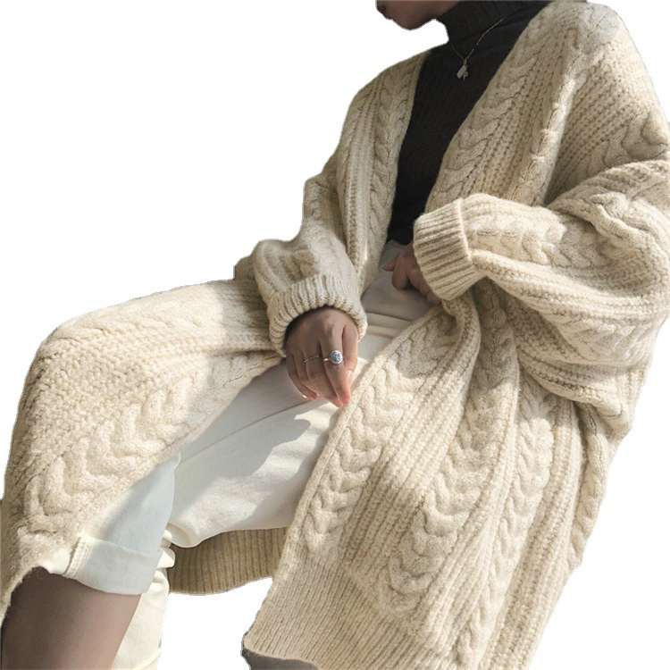 Long Cable-Knit Cardigan, Retro Demi-Season, Oversized, One Size