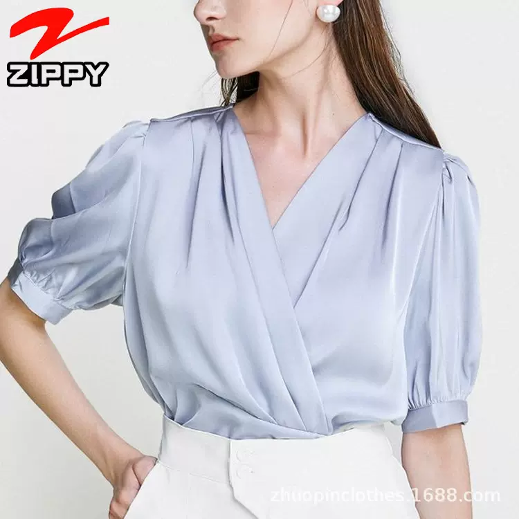 韩系温柔风V领泡泡袖缎面衬衫 跨境定制气质通勤OL交叉设计衬衣女