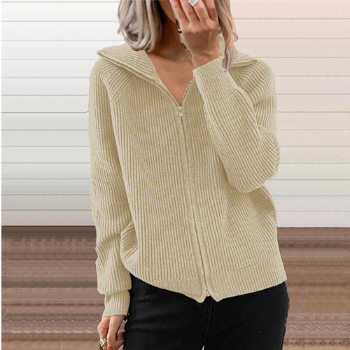 European and American Knit Zipper Cardigan Medium-Length Striped Casual Top Long-Sleeve Collar-Down Loose Sweater Cardigan Outerwear
