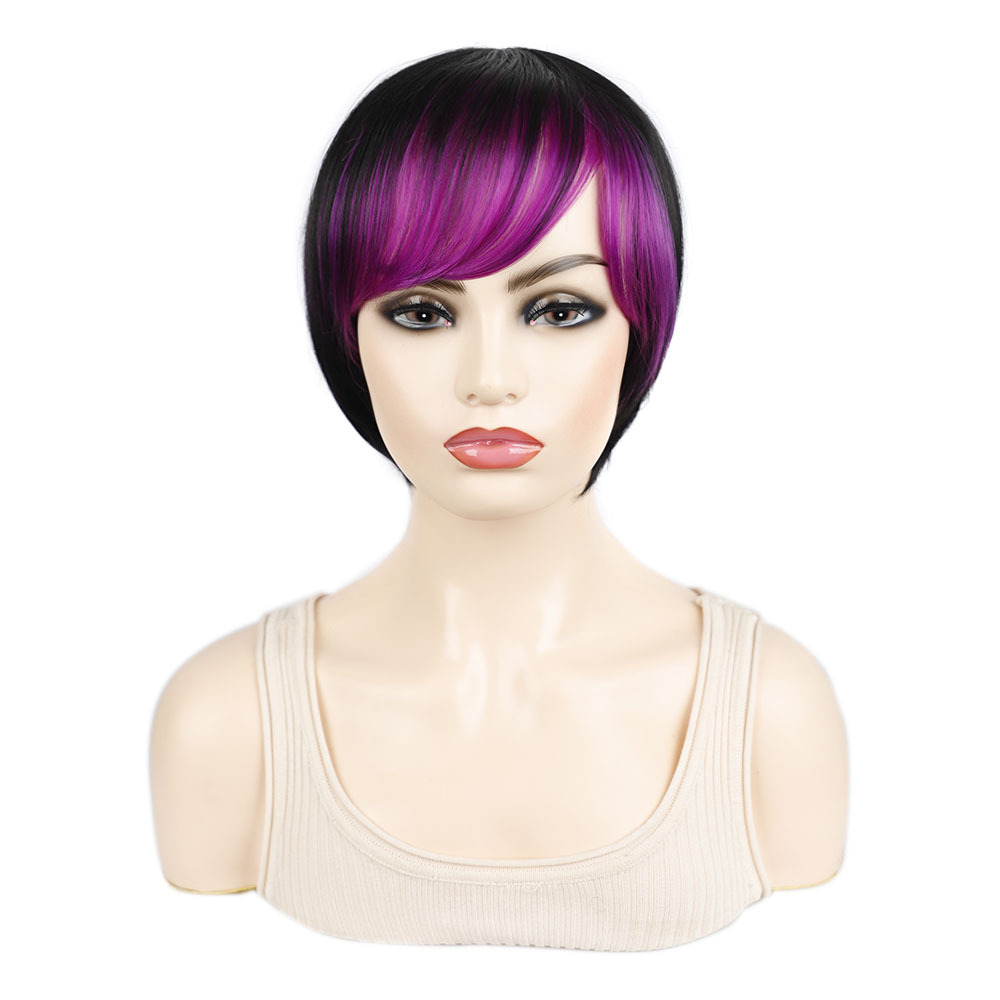 Perucă sintetică scurtă, dreaptă, decolorată și vopsită, cu breton oblic colorat pentru femei, fibră sintetică opțională multicoloră_voghion.com