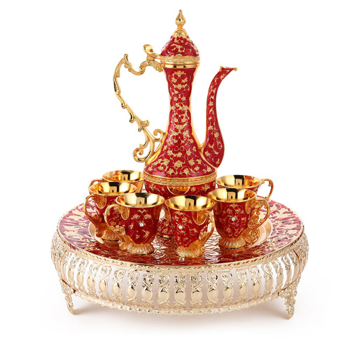 European-style fashion wine set with metal material base, wine glasses and wine jugs, embossed floral decoration, craft ornamental piece