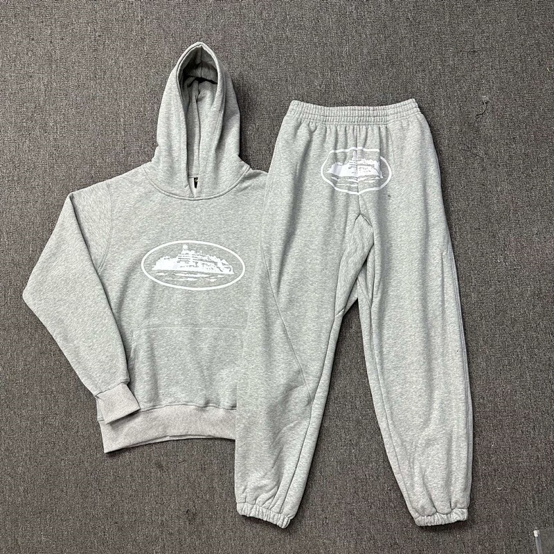 Corteiz Classic Series Ship Print Logo Thin Fleece Terry Hooded Sweatshirt Trendy Unisex Casual Sweatpants