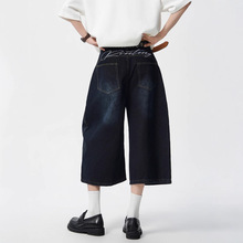 美式丹宁牛仔短裤男夏潮牌拼接弯刀七分裤子高街复古刺绣阔腿长裤